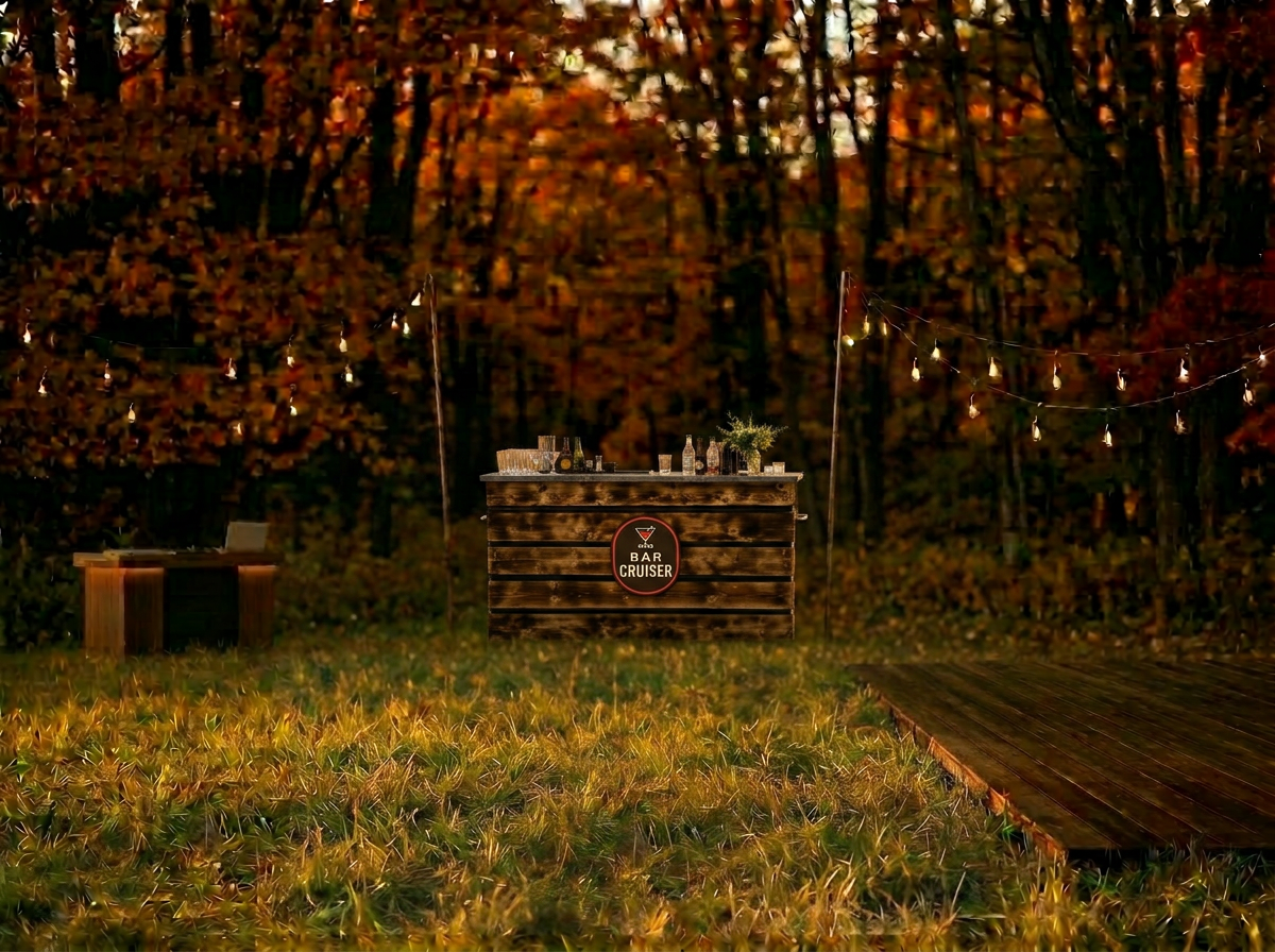 Bar Cruiser portable bar set up in an autumn meadow at golden hour