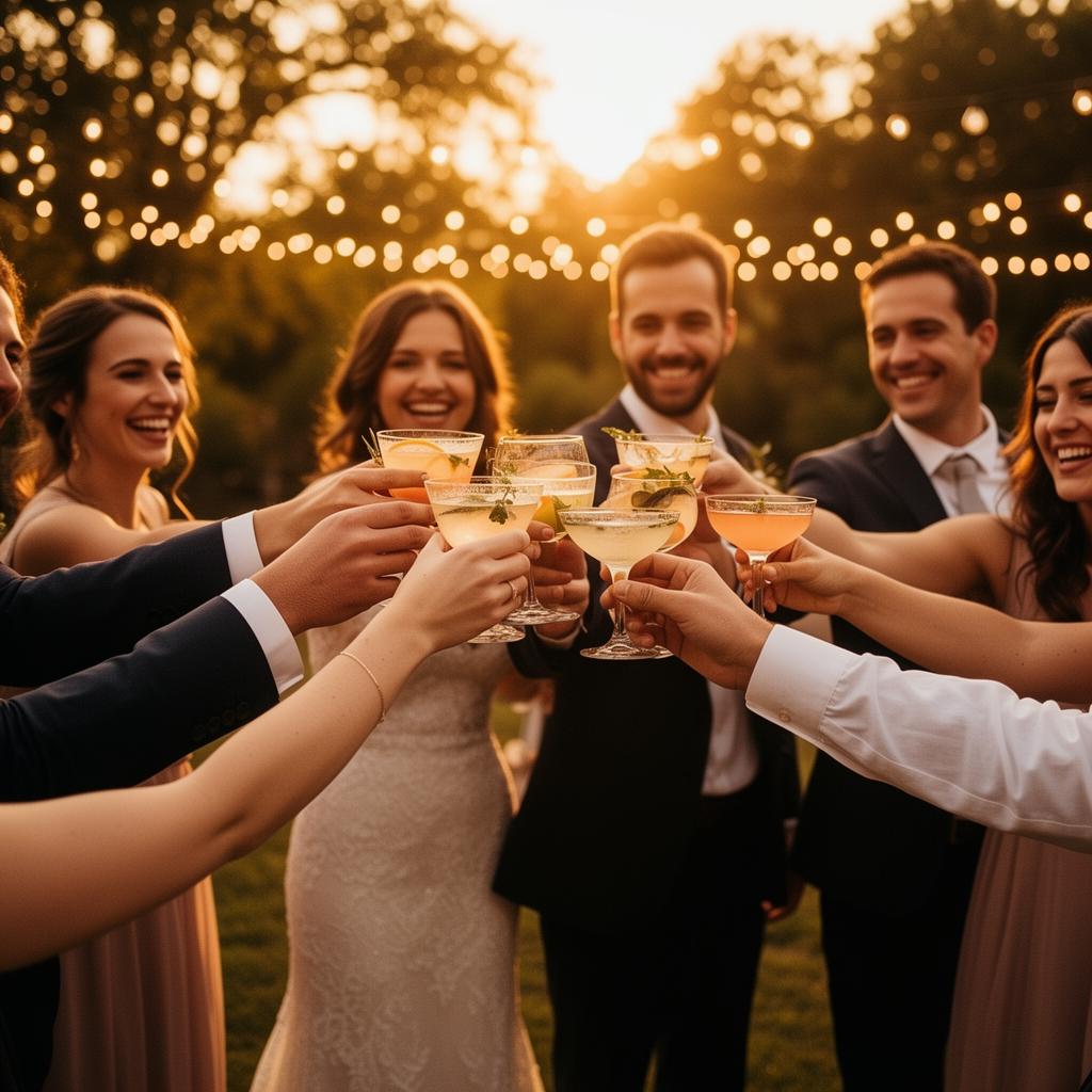 Wedding guests toasting cocktails at golden hour