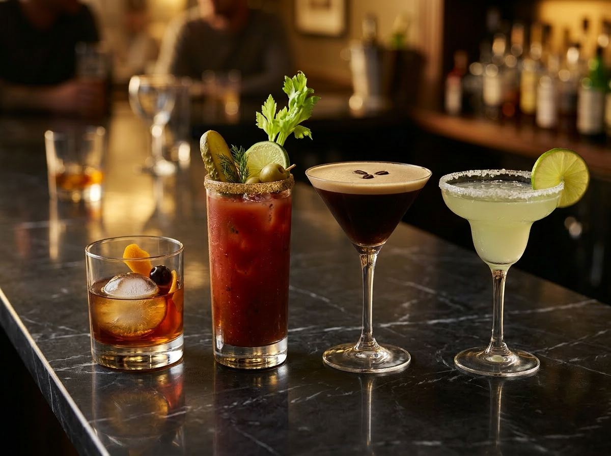 Three signature cocktails on a dark walnut bar